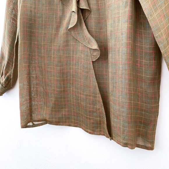 Vintage 70's Gucci Plaid Ruffle Front Shirt Top Long Sleeve Linen Brown Size 40 - Picture 6 of 7